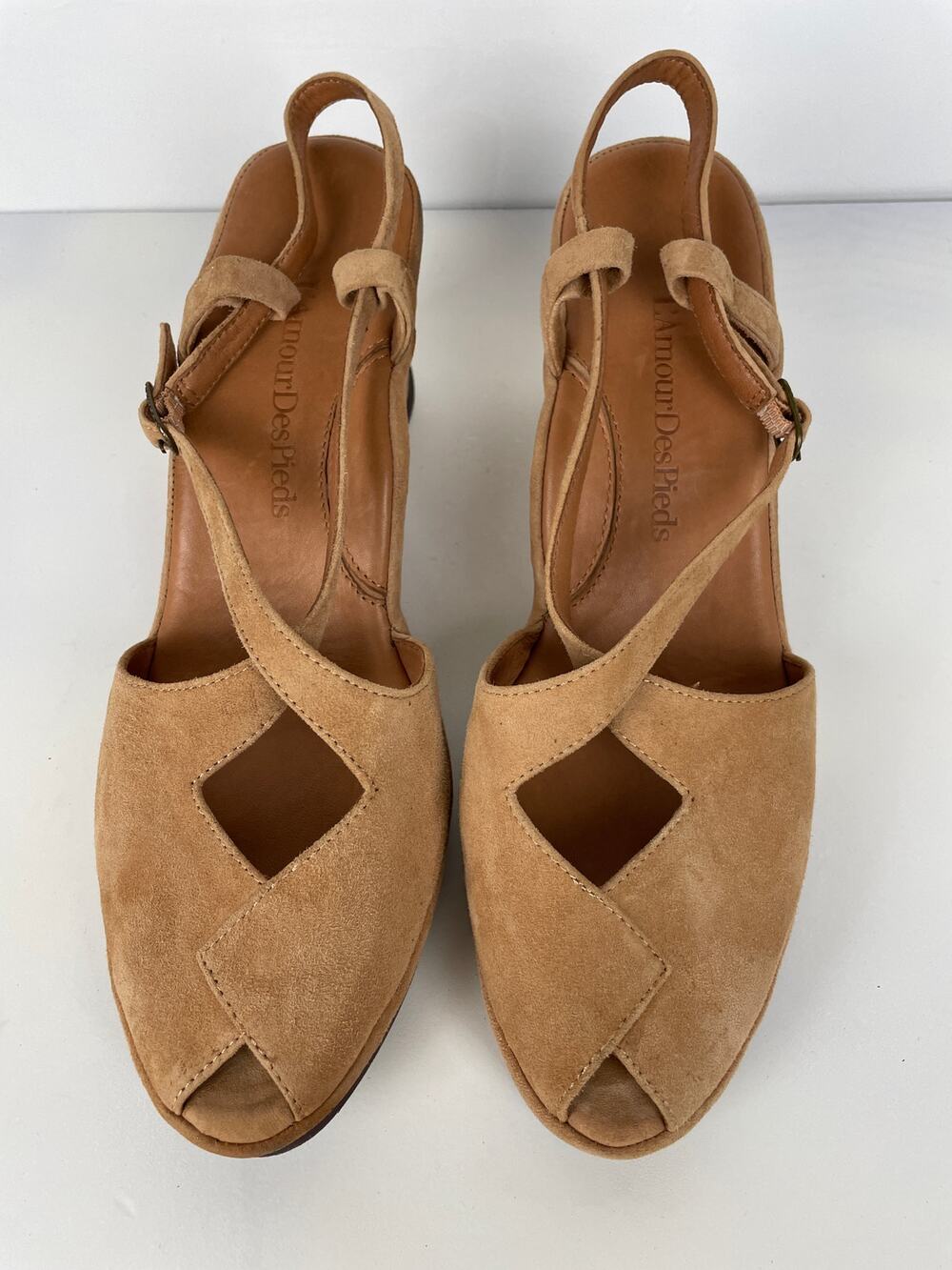 L'Amour Des Pieds Oraine Suede Wedge Sandals Peep Toe Comfort Tan Brown 10M